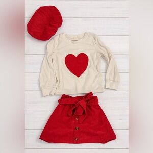 Kids Cream and Red Heart skirt and hat Valentine’s Day outfit 3T
